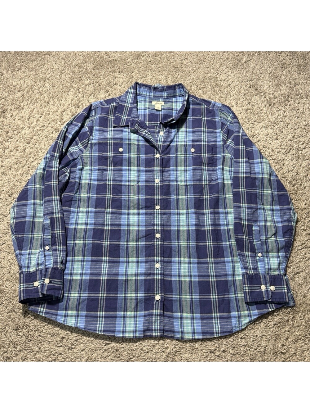 LL Bean Womens 1X Plus Blue Multi Plaid 100% Cotton Button Up Shirt Long Sleeve
